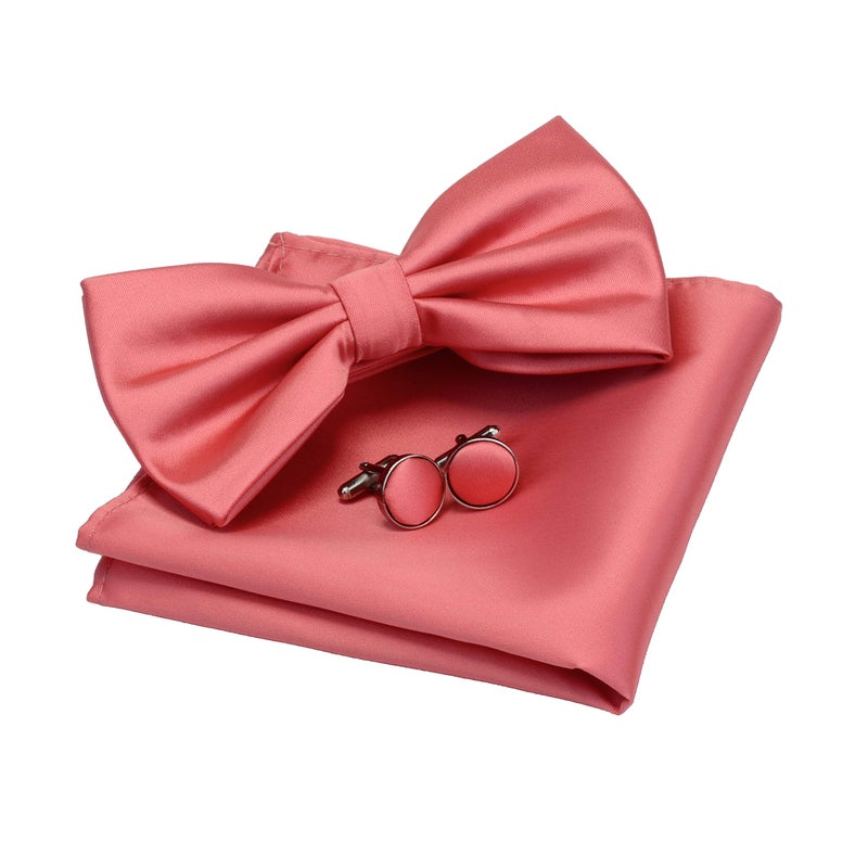 GUSLESON Adjustable Mens Coral Pink Wedding Bow tie Double Fold Pre-tied Bowtie and Pocket Square Cufflink Set (0570-13) - Image 1